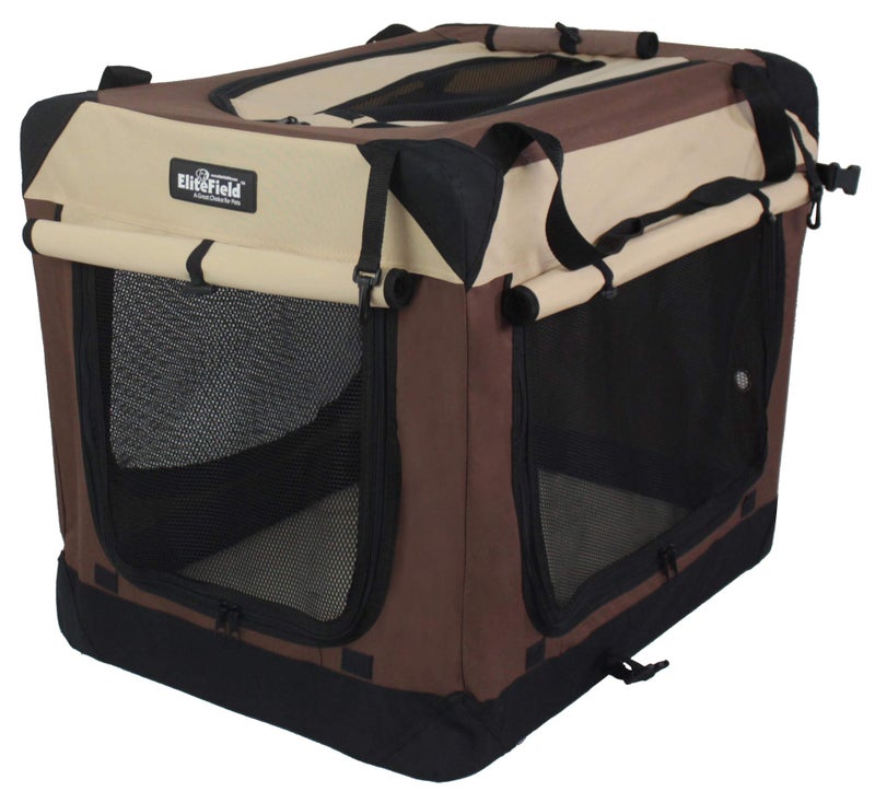 EliteField 4-Door Folding Soft Dog Crate with Curtains, Carrying Bag and Fleece Bed (2 Year Warranty), Indoor & Outdoor Pet Home (24" L x 18" W x 21" H, Brown+Beige) - Image 2